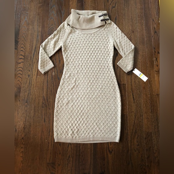 Calvin Klein Dresses & Skirts - *NWT* Calvin Klein Women’s M Dark Tan Knit 3/4 Sleeves Cowl Neck Sweater Dress